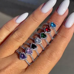 Hot Sale Silver Gold Plated Iced Out Full Diamond Heart Ring Multi color CZ Cubic Zirconia Heart Rings For Women Valentine