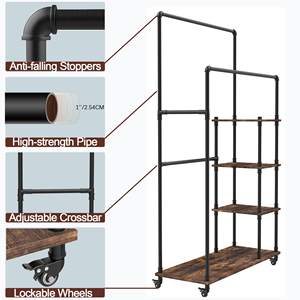 Porte-vêtements roulant autoportant à double tige robuste avec étagères et roues pour hôtel ou salle de sport pour suspendre des vêtements - Product Image 5