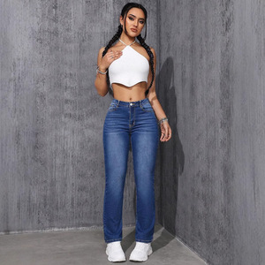 Women's Dark Blue High <b>Elasticity</b> Straight Leg <b>Jeans</b> Medium Stretch Japanese Korean Leisure Style Europe America Africa Sales - Product Image 1