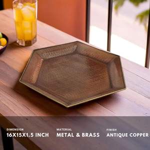Plateau de service élégant LEATHERVINES finition cuivre |   Plateau hexagonal 16x15 pouces pour fêtes, repas et accessoires de table décoratifs 2026 - Product Image 5