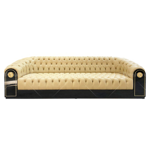 <strong>Sofa</strong> Neoclassical <strong>Chesterfield</strong> 4-Seater Tufted Beige Leather Black Gold Trim High Gloss for Villa Hotel - Product Image 6