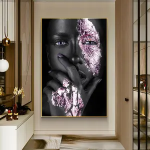 흑인 여성의 현대 초상화 벽 예술 사진과 터치 보라색 반 얼굴 캔버스 인쇄 홈 침대 방 장식