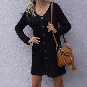 Maßgeschneidertes V-Ausschnitt-Knopfkleid, elegantes, lässiges Midi-Partykleid für den Frühling, langärmliger Herbst-Damenpullover mit Taschen - Product Image 2