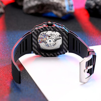 Montre squelette mécanique manuelle pour homme TIME TOKEN, lumineuse, étanche 3 ATM, boîtier tonneau en fibre de carbone, verre saphir