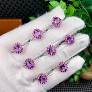 奢华女式珠宝戒指紫色水晶花锆石情人节礼物天然紫水晶戒指