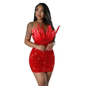 Alla moda rossa senza schienale con paillettes Sexy Sexy da donna abiti avvolgenti da ballo con spalle aderenti Mini abito da donna con piume di perline