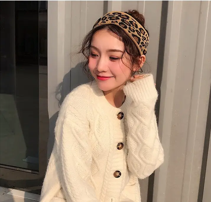 Fashion Winter Warmer Knitted Headbands For Women Leopard Bowknot Turban Crochet Wide Chic Hair Styling Accessories