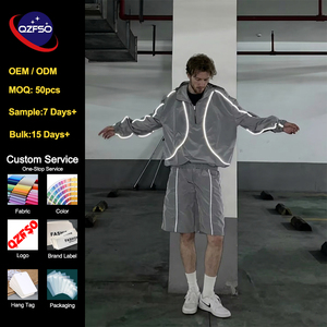 QZFSO Custom OEM Blank Sportswear Techwear 1/4 <b>Zip</b> <b>Hooded</b> Tracksuit Oversized Reflective Windbreaker and Shorts Two Piece Set - Product Image 1
