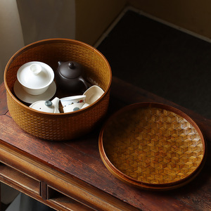 Handmade <b>Bamboo</b> Woven Storage Box Round With Lid Tea Ceremony Accessory Dustproof <b>Container</b> - Product Image 2