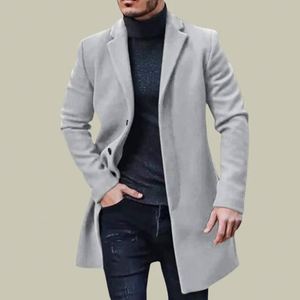 Abrigo de Otoño Invierno para <span class=keywords><strong>hombre</strong></span> en fieltro de solapa europeo Color sólido Gabardina de un solo pecho Estilo largo informal - Product Image 5