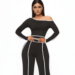 Conjunto de Pantalones Anchos de Cintura Alta y Top de Hombros Descubiertos para Mujer, Estilo Casual, en Algodón Elástico con Detalles en Contraste - Product Image 1