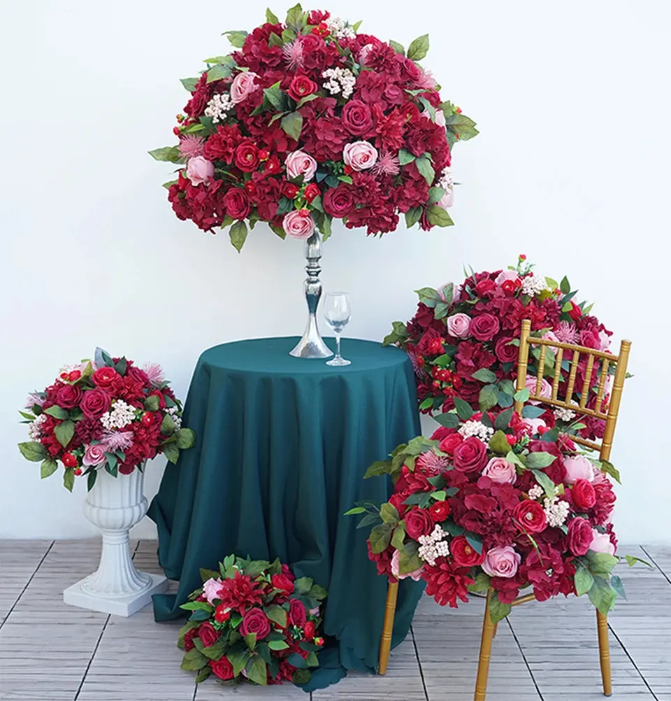 Bola de flor de baya de hortensia rosa roja, centros de mesa de recepción de boda para mesas, arreglo de banquete de fiesta, adorno Floral A8762