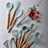 Ensemble d'ustensiles de cuisine en bois et en silicone de 11 pièces sans BPA Accessoires de cuisine de qualité alimentaire, y compris cuillère tourneuse et spatule
