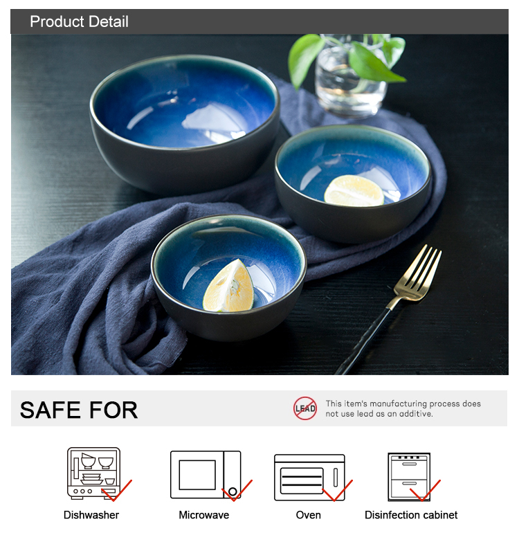 Hotel Ceramic Glossy And Matte Blue Black 700ml Porcelain Soup Bowl