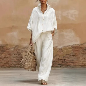 Conjunto de Dos Piezas para Mujer, <span class=keywords><strong>Camisa</strong></span> Informal de Lino con Botones, Pantalones Anchos de Cintura Alta, Conjunto Deportivo a Juego - Product Image 4