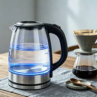 Bouilloire Électrique en Verre 2L OEM ODM avec Logo Personnalisé, Éclairage Bleu, Conception Sans Fil et Fonction d'Arrêt Automatique pour Importateurs