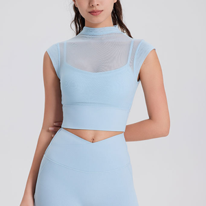 เสื้อโยคะผู้หญิงแบบขายส่ง คอเต่าตาข่าย 2 in 1 พร้อมบราในตัว เสื้อครอปท็อป ยืดหยุ่นสูง ชุดออกกำลังกาย ระบายอากาศได้ดี เสื้อกีฬา - Product Image 1