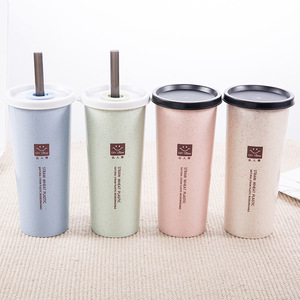 Wholesale Portable 15 oz <b>Drinking</b> Cups Wheat <b>Straw</b> Water <b>Bottle</b> with Lid & <b>Straws</b> for Coffee Milk Drinks Smoothies - Product Image 1