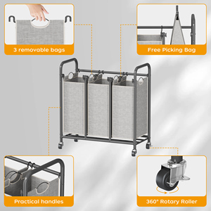 Vuilklerenmand Met Drie Tralies Voor Wasgoed Met Zware Rollende Afsluitbare Wielen En Afneembare Tassen Organizerkar - Product Image 2