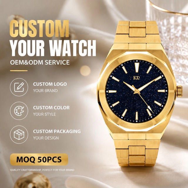 OEM Custom Private Label Logo Blue Sandstone Star Dust Dial All Stainless Steel Gold Men's Watch Montre Homme