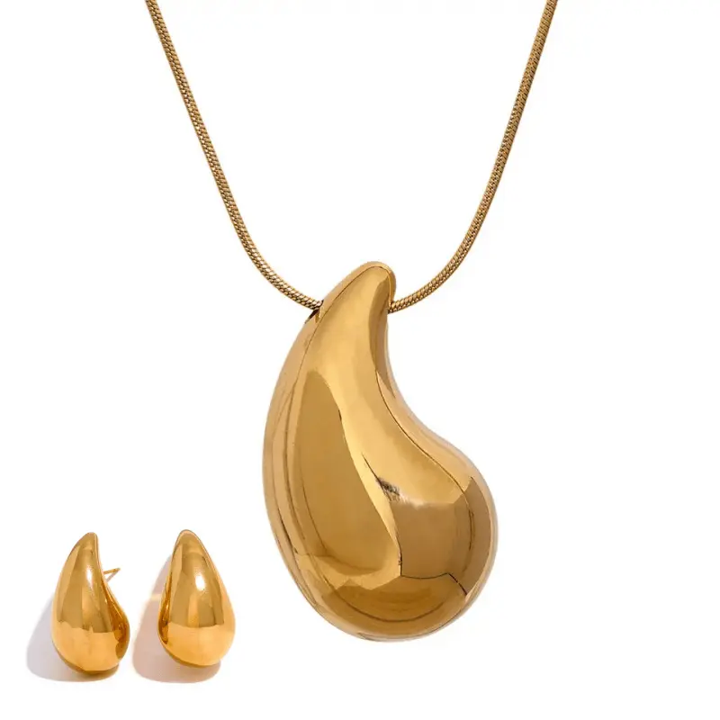 Best Selling Gold Plated Necklace Set Luxury Stainless Steel Drop Shape Pendant Choker Necklace Earring Set For Wome