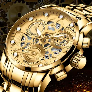 Tendência oca automática dos homens do ouro quartzo aço inoxidável banda impermeável moda luminosa relógios