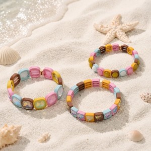 Bracciale Elastico CENDA Boho Macaron Multicolore <span class=keywords><strong>con</strong></span> Smalto e Strass Lucidi, Bracciale da Festa <span class=keywords><strong>con</strong></span> <span class=keywords><strong>Perline</strong></span> a Cuore e Quadrato - Product Image 2