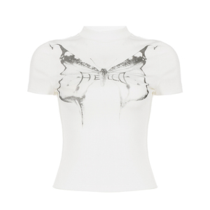 T-shirt à manches courtes pour femme, coupe slim, imprimé papillon, couleur unie, style streetwear branché - Product Image 6