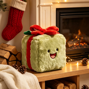 Boîte cadeau en peluche vert sauge avec visage souriant brodé, ruban rouge, jouet décoratif kawaii pour les fêtes - Product Image 6