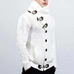 Mens Turtleneck Male Cattle Horn Buckle Coarse Wool Twisted High Collar Long Sleeve Thickened India Cardigan Sweater