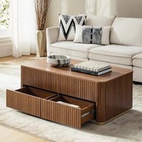 Table basse en bois cannelé avec plateau relevable et tiroirs de rangement, table à thé rectangulaire moderne à hauteur réglable pour salon