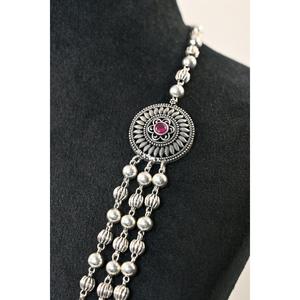 Vintage Ethnic 925 Silver Oxidised Matar Mala <b>Necklace</b> with <b>Ruby</b> Inlay Women's Wedding Jewelry Statement Piece - Product Image 3