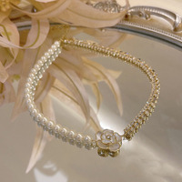Kalung Mutiara Camellia Vintage Prancis Rantai Zirkon Kubik Liontin Bunga Kalung Klavikula untuk Wanita