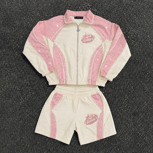 Conjunto Deportivo de Dos Piezas para Mujer DCY, Chaqueta Deportiva Roja de Nailon, Conjunto Personalizado con Pedrería, Chaqueta Deportiva Y2K OEM - Product Image 2