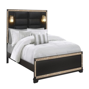 Modern American Style Black/Gold Queen <b>Pine</b> Wood Soft <b>Bed</b> with Adjustable Convertible Frame and Lamps - Product Image 1