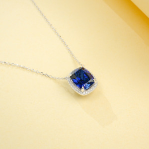 925 Sterling Silver Cushion Cut Lab Created Sapphire Pendant Necklace, Halo with Diamond Accents Fine Jewelry for Women - Product Image 6