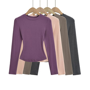 Camiseta Sexy de Manga Larga con Cuello Acanalado, Ligera, Transpirable y Elástica en Cuatro Direcciones para Mujer, Color Sólido, Top Básico para Todos - Product Image 2