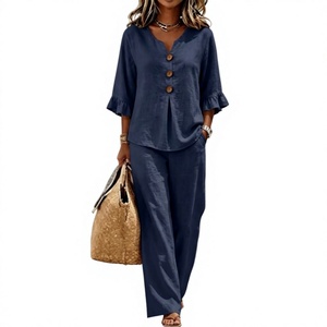 Women's Navy Blue Linen Two-Piece Suit Set V-Neck Button Front Loose Fit Casual Summer Outfit Three Quarter Sleeve <b>Pants</b> - Product Image 1