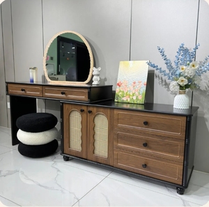 Tocador Moderno de Mediados de Siglo, Consola de Maquillaje de MDF con Espejo Redondo y Puerta de Ratán con Almacenamiento para Dormitorio u Hotel - Product Image 4
