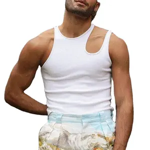 Oem Wholesale Custom Logo Cropped Fitness Vest Cutout Vest Sleeveless Workout 100% Polyester 1 Piece Men Gym Shirt Woven Hip Hop