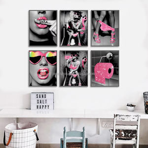 Toile noire et blanche avec cadre, décoration murale pop art tendance, motif féminin moderne, photos de tissu pailleté rose glamour, art de la toilette - Product Image 5