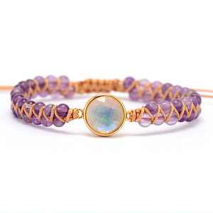 Amethyst <b>Opal</b> Double Layer Woven <b>Bracelet</b> Bohemian Style Gift Jewelry Zinc Alloy Bezel Setting Irregular Circle Design - Product Image 5