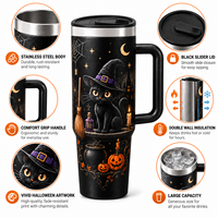 Gobelet isotherme personnalisé Halloween en acier inoxydable 304 de 40 oz avec paille et poignée, grande capacité, idéal pour les cadeaux de fêtes