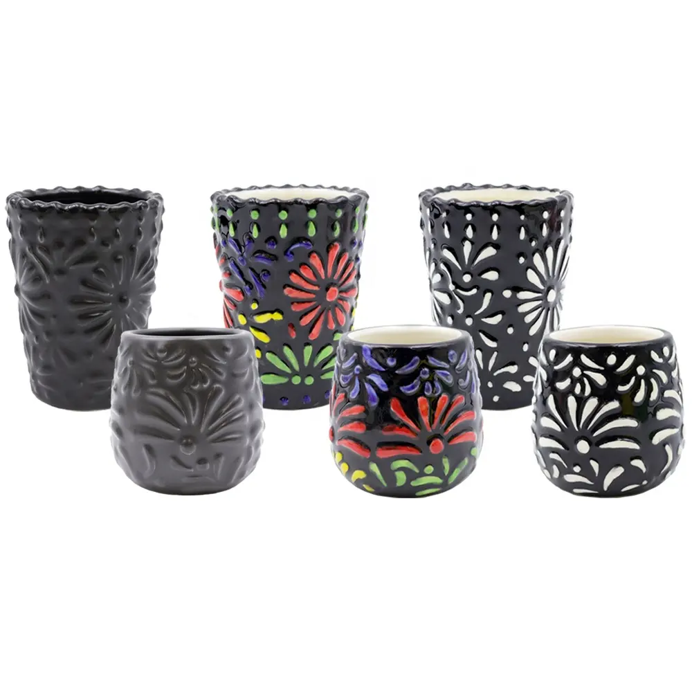 Personalizado de Alta Qualidade porcelana Mini Tumbler óculos Preto Em Relevo Cerâmica Mexicano Shot Glass set para Whisky Tequila Wine