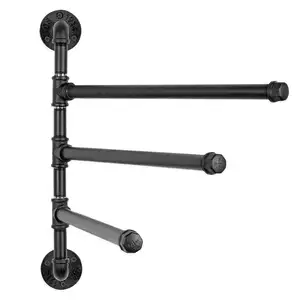 Black Wall-Mounted Industrial Pipe 3-Arm Swivel Pipe Shelf Brackets Towel Bar Rack Bathroom Brackets For Shelves Heavy Duty