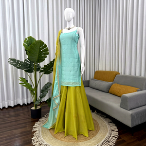 Women's Embroidered Suit Set Spaghetti Strap Top Palazzo <b>Pants</b> Dupatta <b>Sequin</b> Thread Work Party Wear - Product Image 5