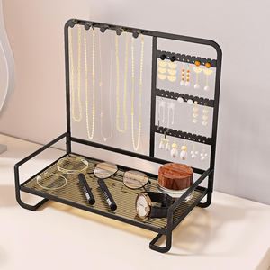 All-in-One Home Use Double Metal Jewelry <b>Storage</b> <b>Rack</b> with Iron Ring Tray Earring Hanger Necklace Bracelet Pendant Holder - Product Image 1