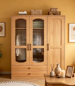 Armoire scandinave en bois avec portes vitrées, charnières, bois massif, autoportante, meubles de chambre à coucher modernes, 2 tiroirs - Product Image 4
