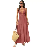 Robe décontractée rouge à col en V profond sans manches pour femme, style vacances, avec faible MOQ