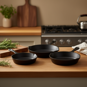 Juego de Sartenes de Hierro Fundido de 6, 8 y 10 Pulgadas, Precuradas, con Diseño Moderno, Aptas para Horno, Solo Lavar a Mano - Product Image 2